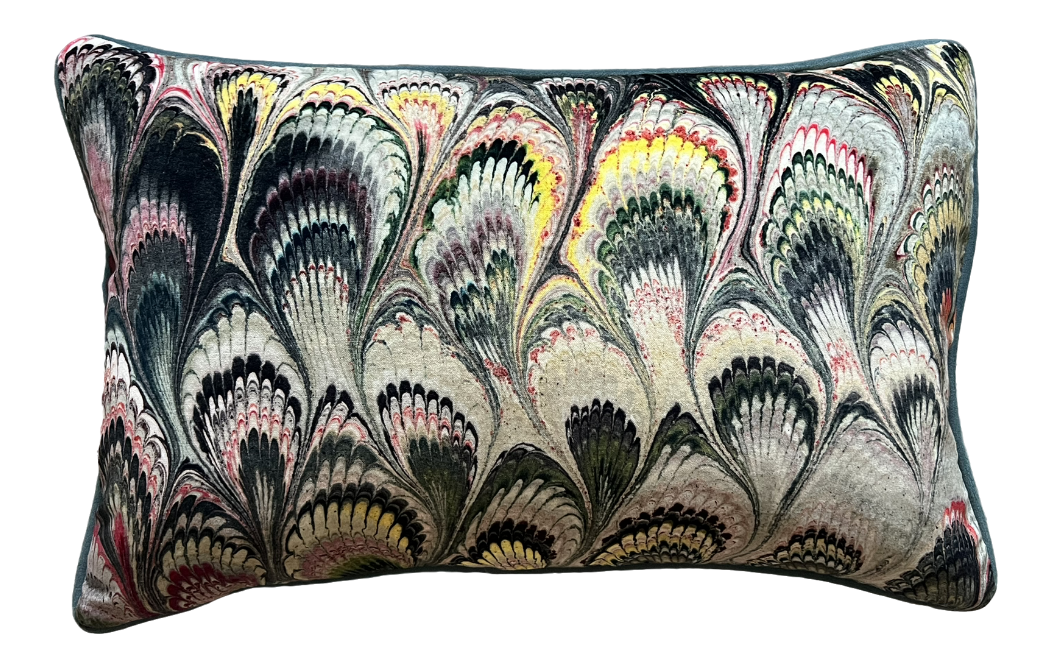 Luxury patterned cushions in Beata Heuman Marbelised Velvet fabric