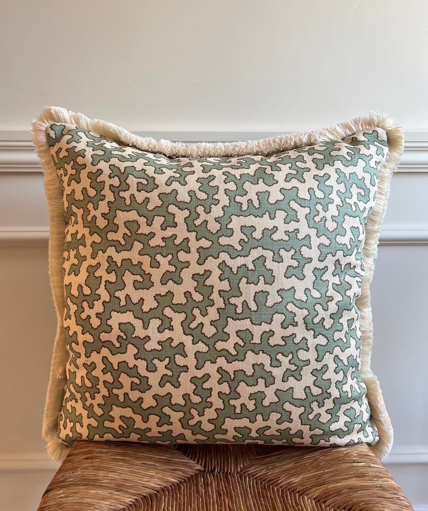 Colefax & Fowler Aqua Squiggle Fringed Cushion