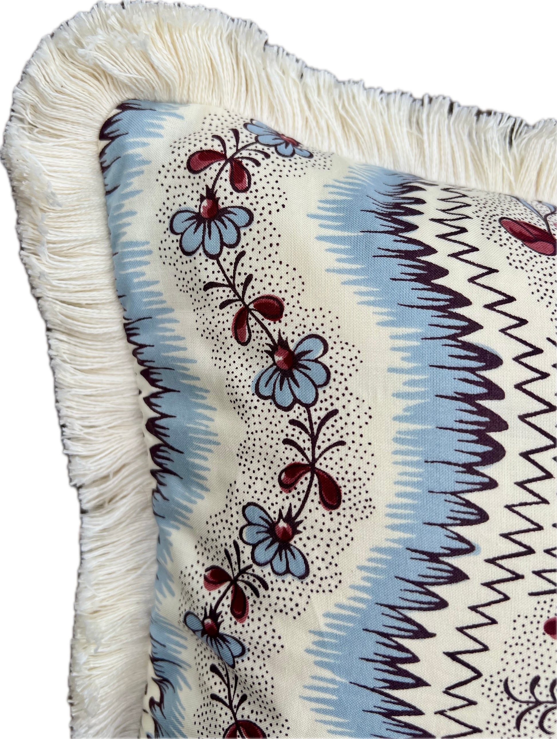 Cushions in Pierre Frey Le Manach Greuze fabric. Bleu Rouge colourway