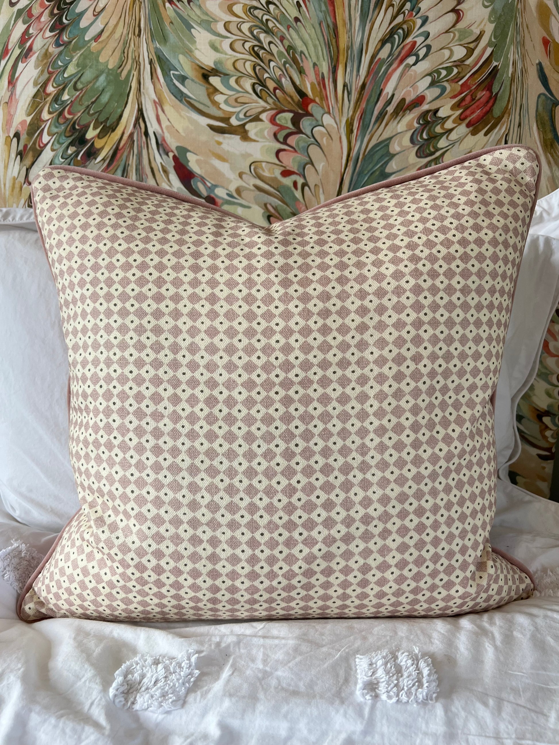 Luxury patterned cushions in Lewis & Wood Diamond Dot fabric Rose colourway 