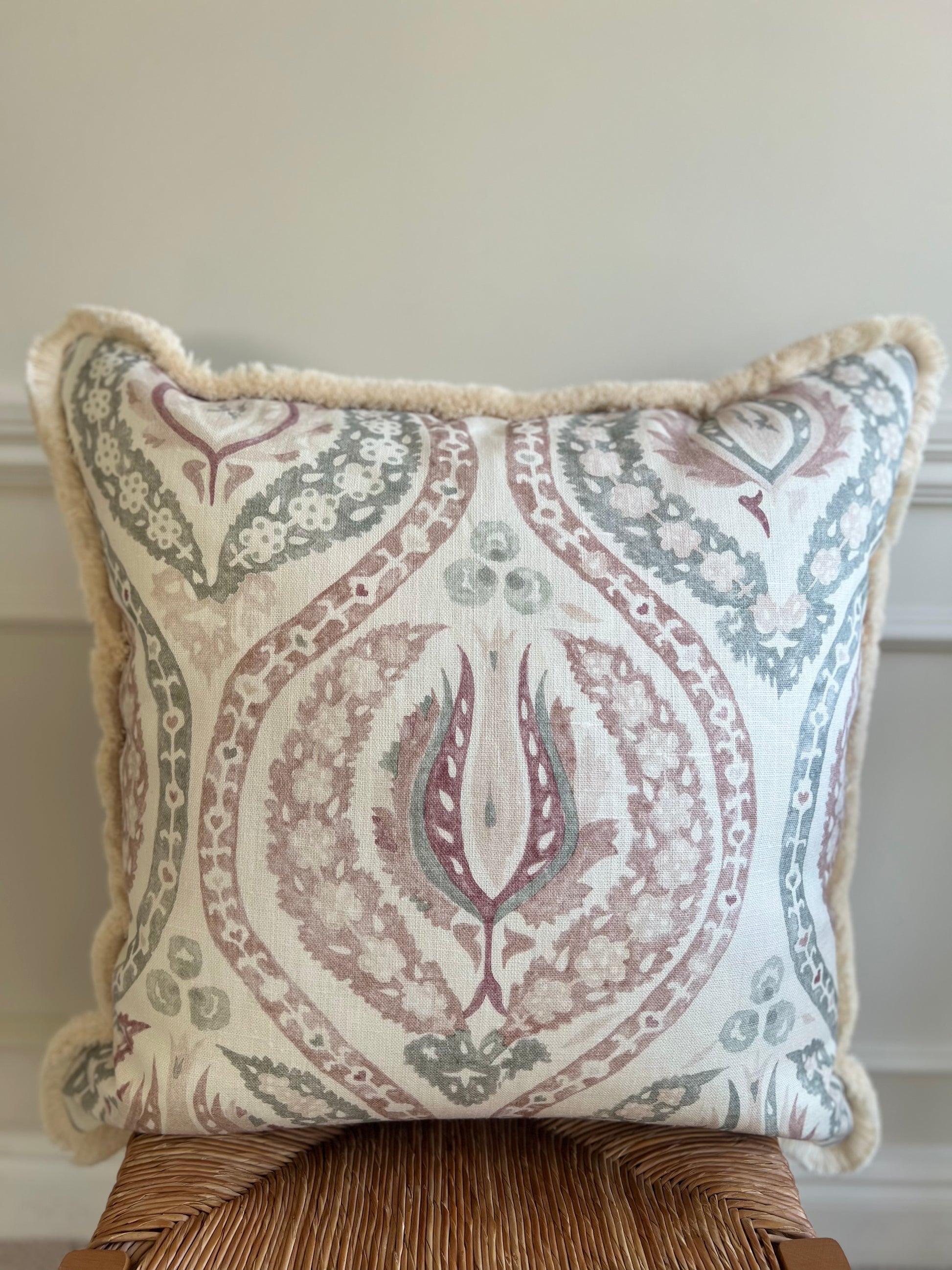 Luxury patterned cushions in Lewis & Wood Benaki Rock Rose designer fabric