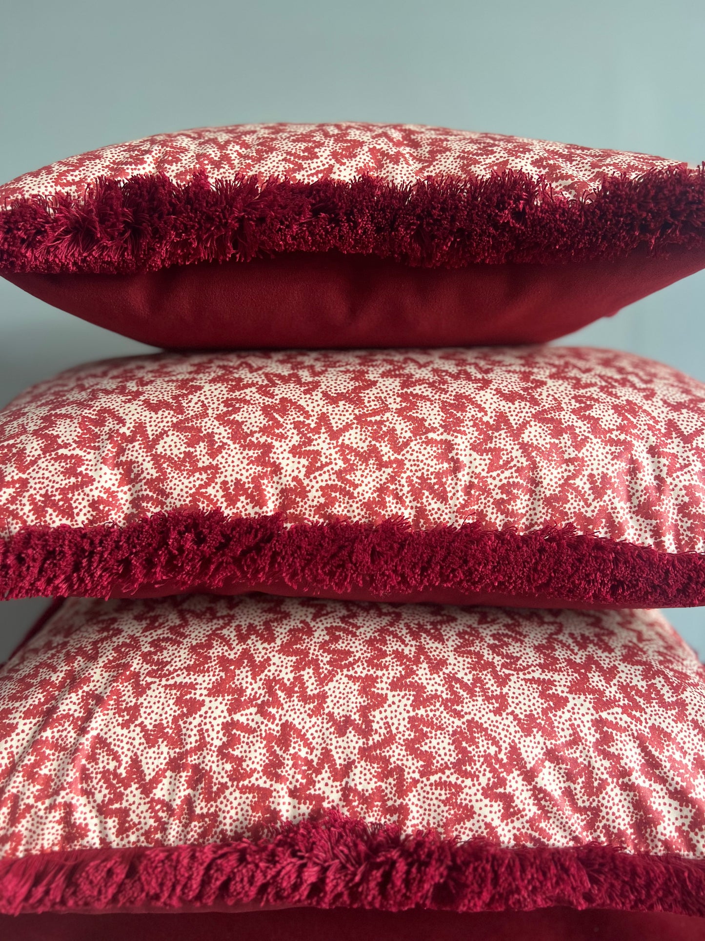 Luxury cushions in Warner Textile Archive / Claremont Nathalie fabric in red with brush fringe