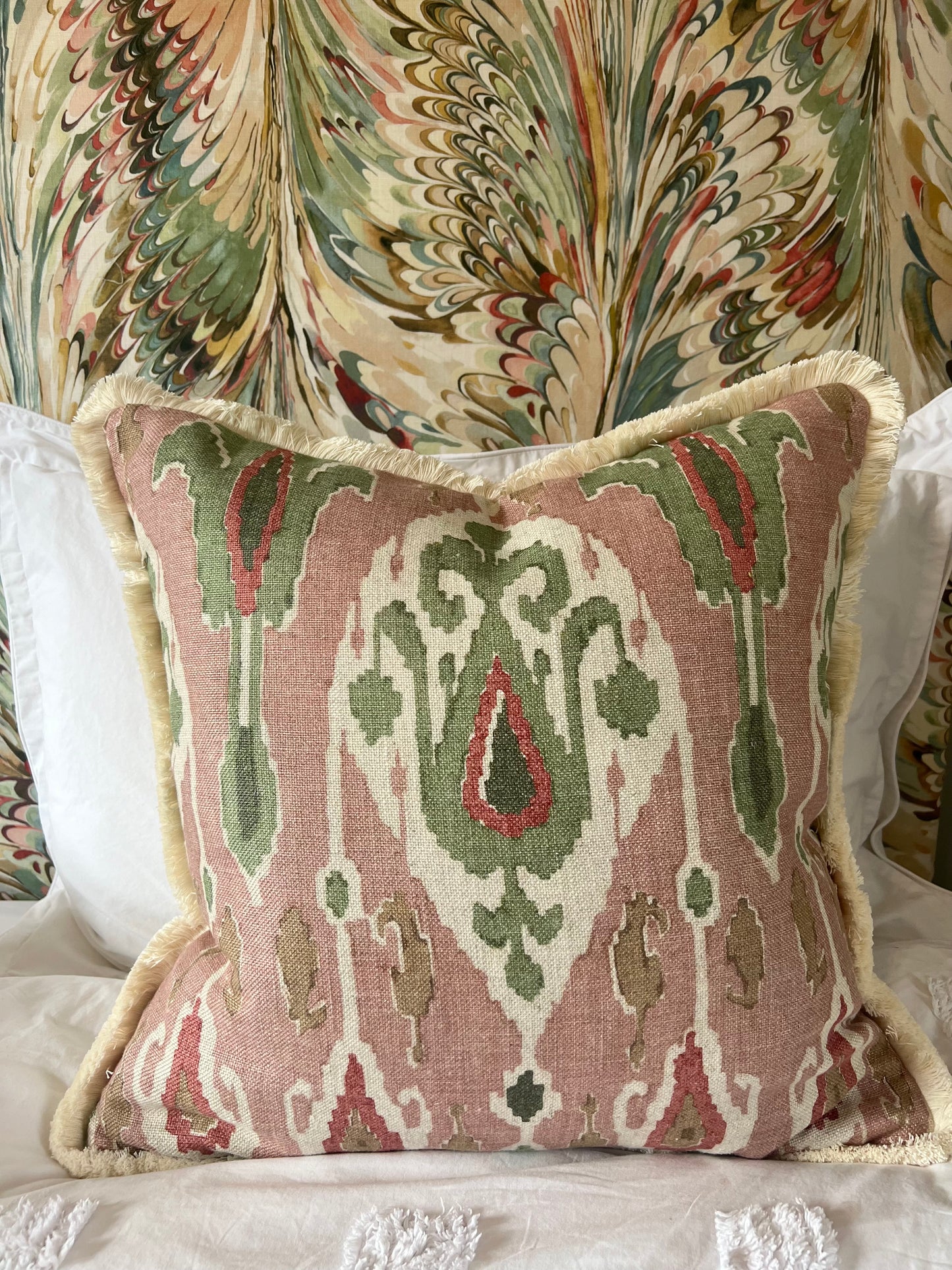 GP & J Baker Ikat Bokhara Rose Green Cushions