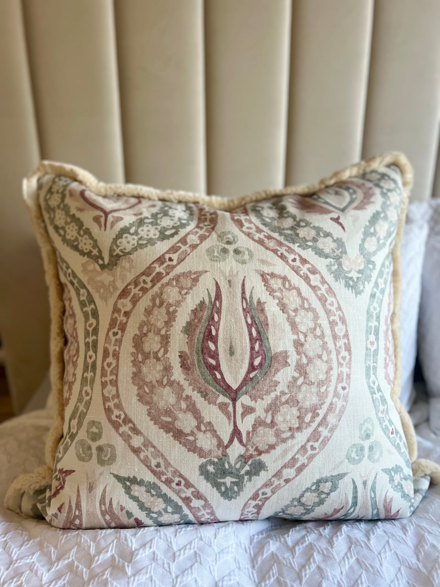 Luxury patterned cushions in Lewis & Wood Benaki Rock Rose designer fabric