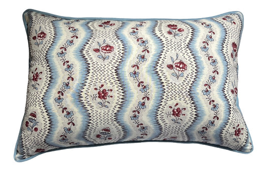 Cushions in Pierre Frey Le Manach Greuze fabric. Bleu Rouge colourway