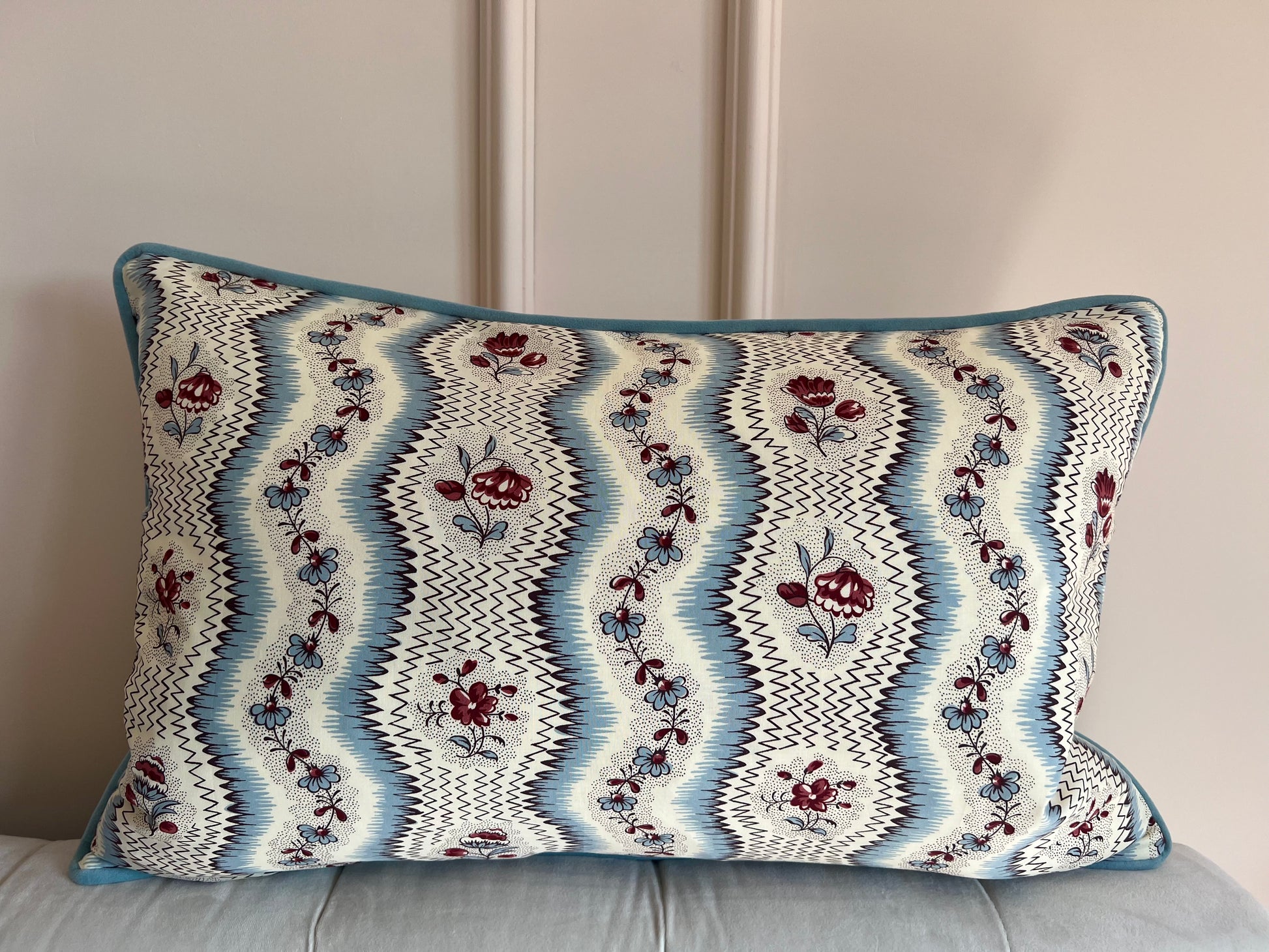 Cushions in Pierre Frey Le Manach Greuze fabric. Bleu Rouge colourway