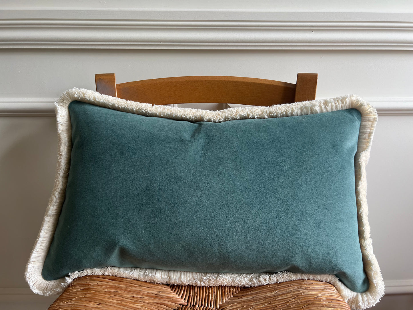 Colefax & Fowler Aqua Squiggle Fringed Cushion