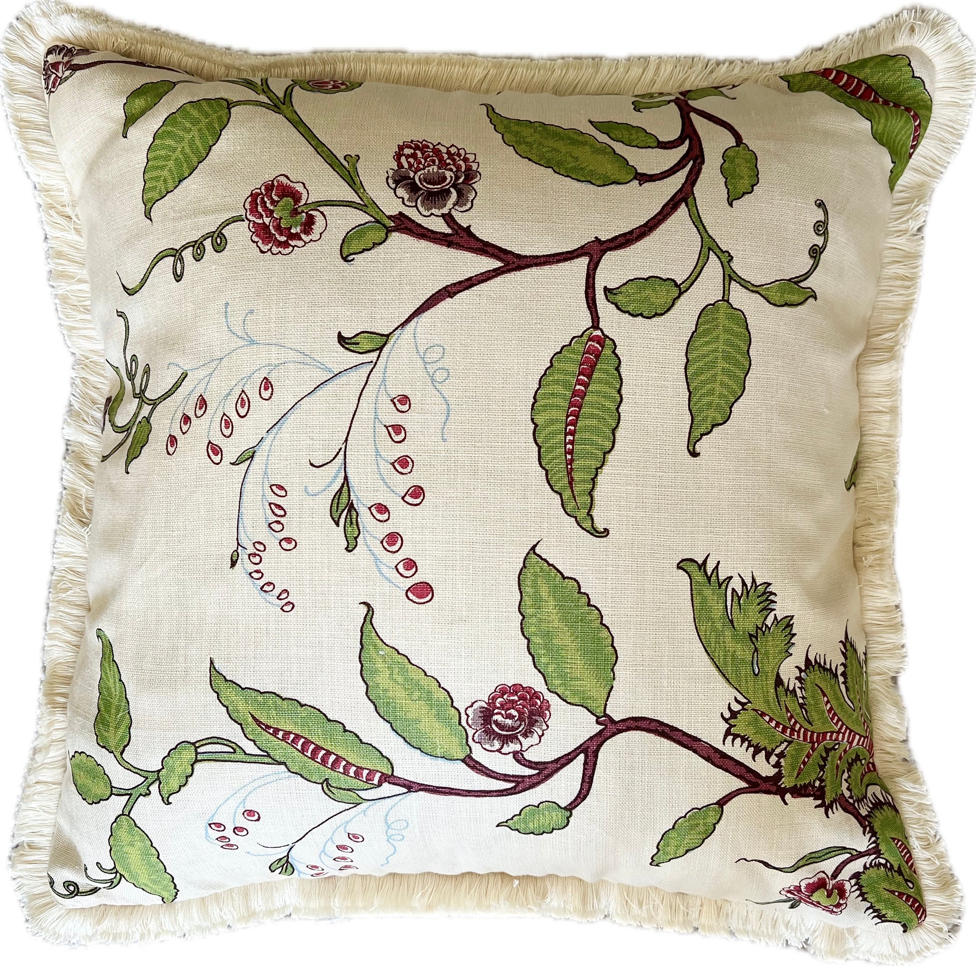 Luxury fringed cushions in Soane Britain Tendril Vine fabric (Apple & Plum colourway) 