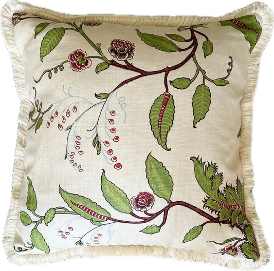 Luxury fringed cushions in Soane Britain Tendril Vine fabric (Apple & Plum colourway) 