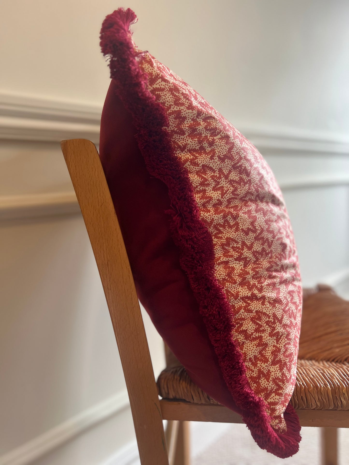 Luxury cushions in Warner Textile Archive / Claremont Nathalie fabric in red with brush fringe