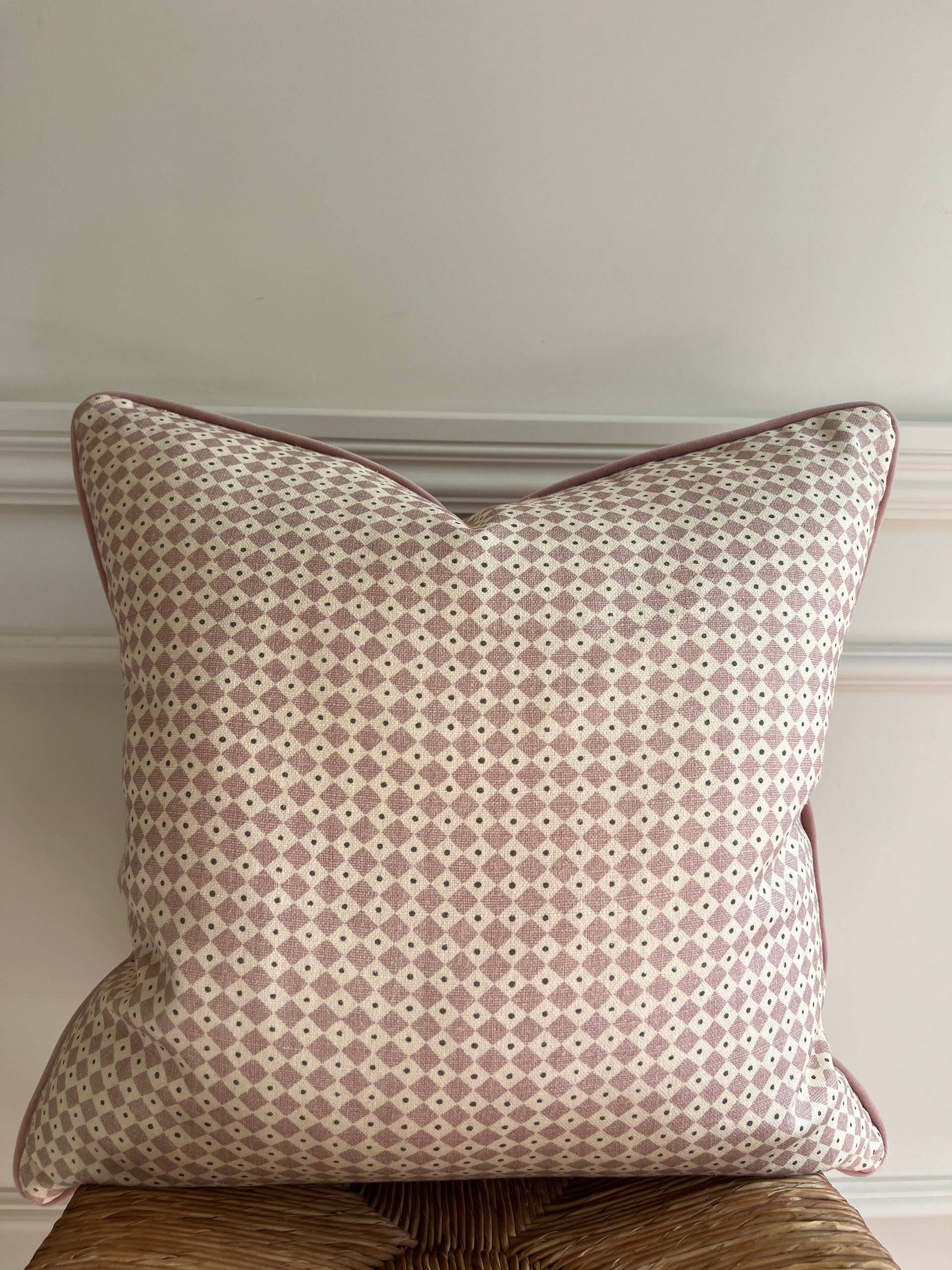 Luxury patterned cushions in Lewis & Wood Diamond Dot fabric Rose colourway 