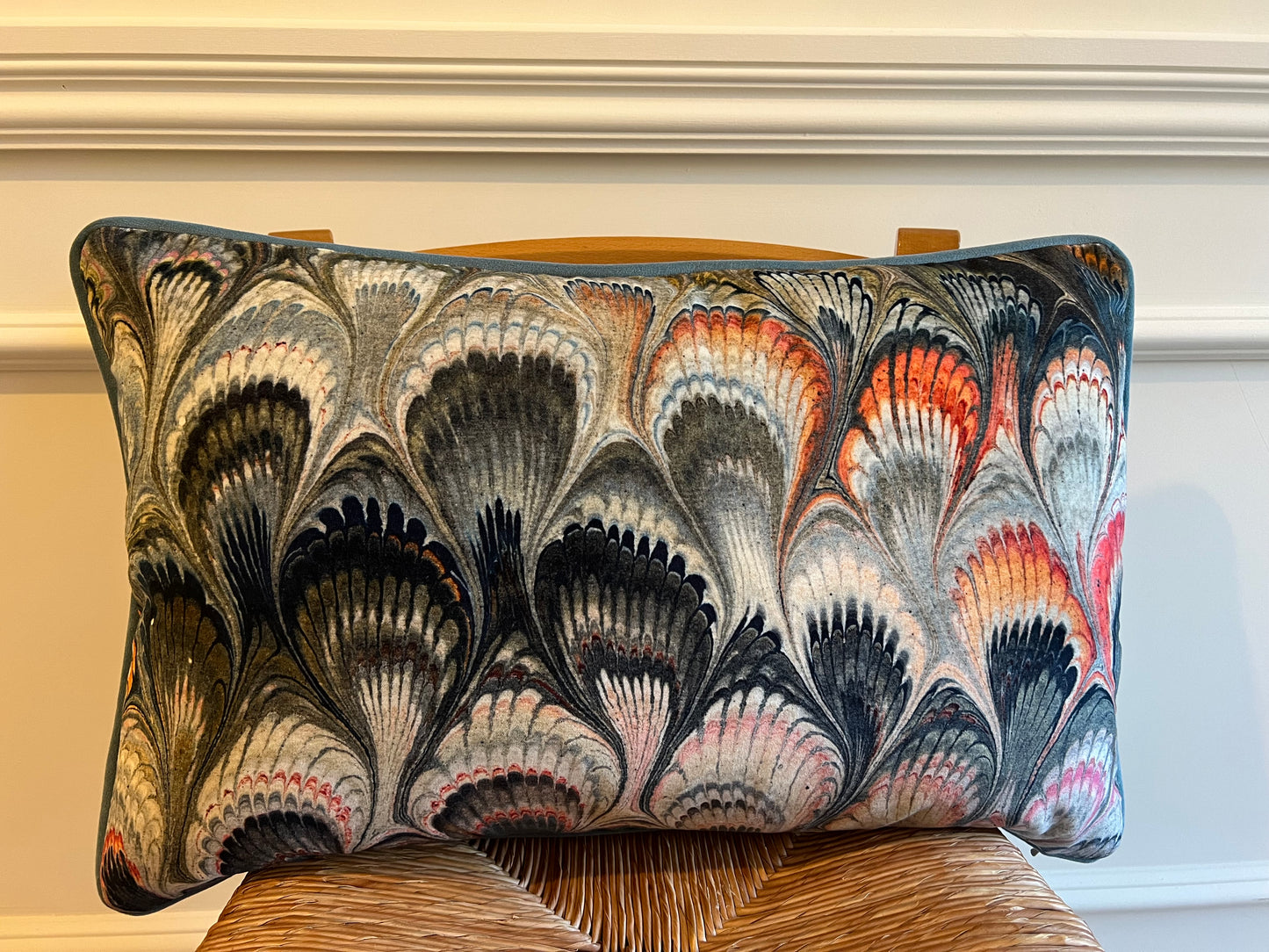 Luxury patterned cushions in Beata Heuman Marbelised Velvet fabric