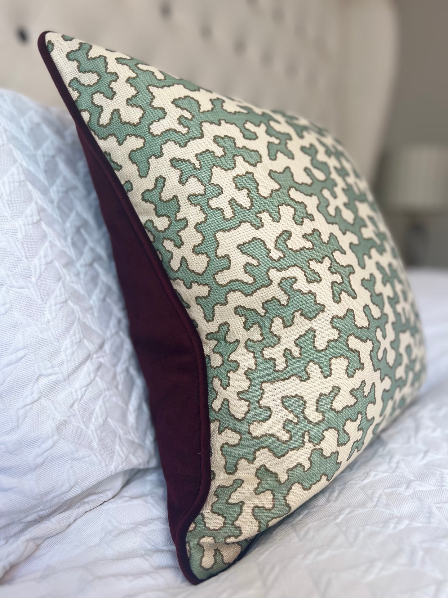 Colefax & Fowler Aqua Squiggle Burgundy Piped Cushion