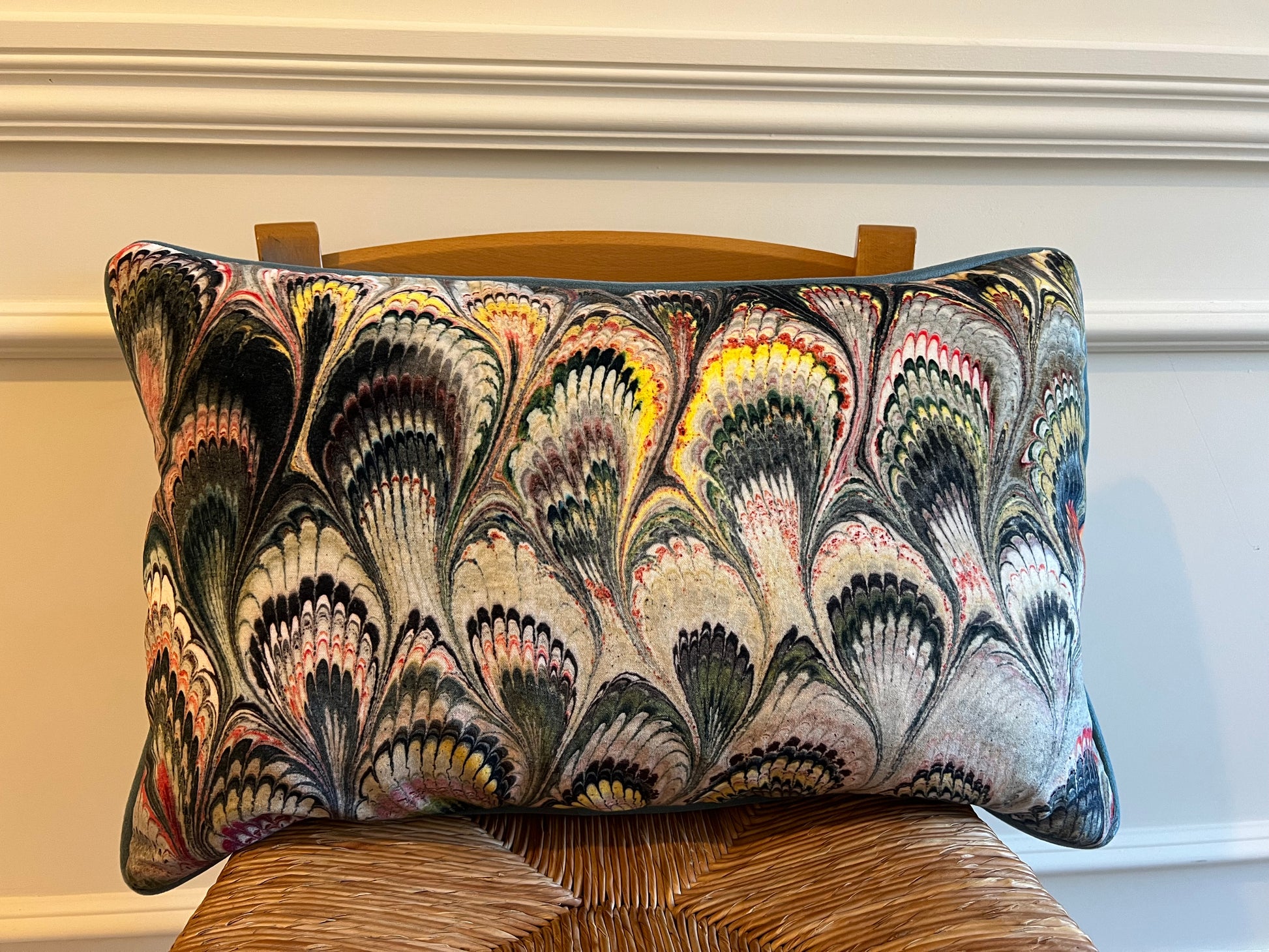 Luxury patterned cushions in Beata Heuman Marbelised Velvet fabric