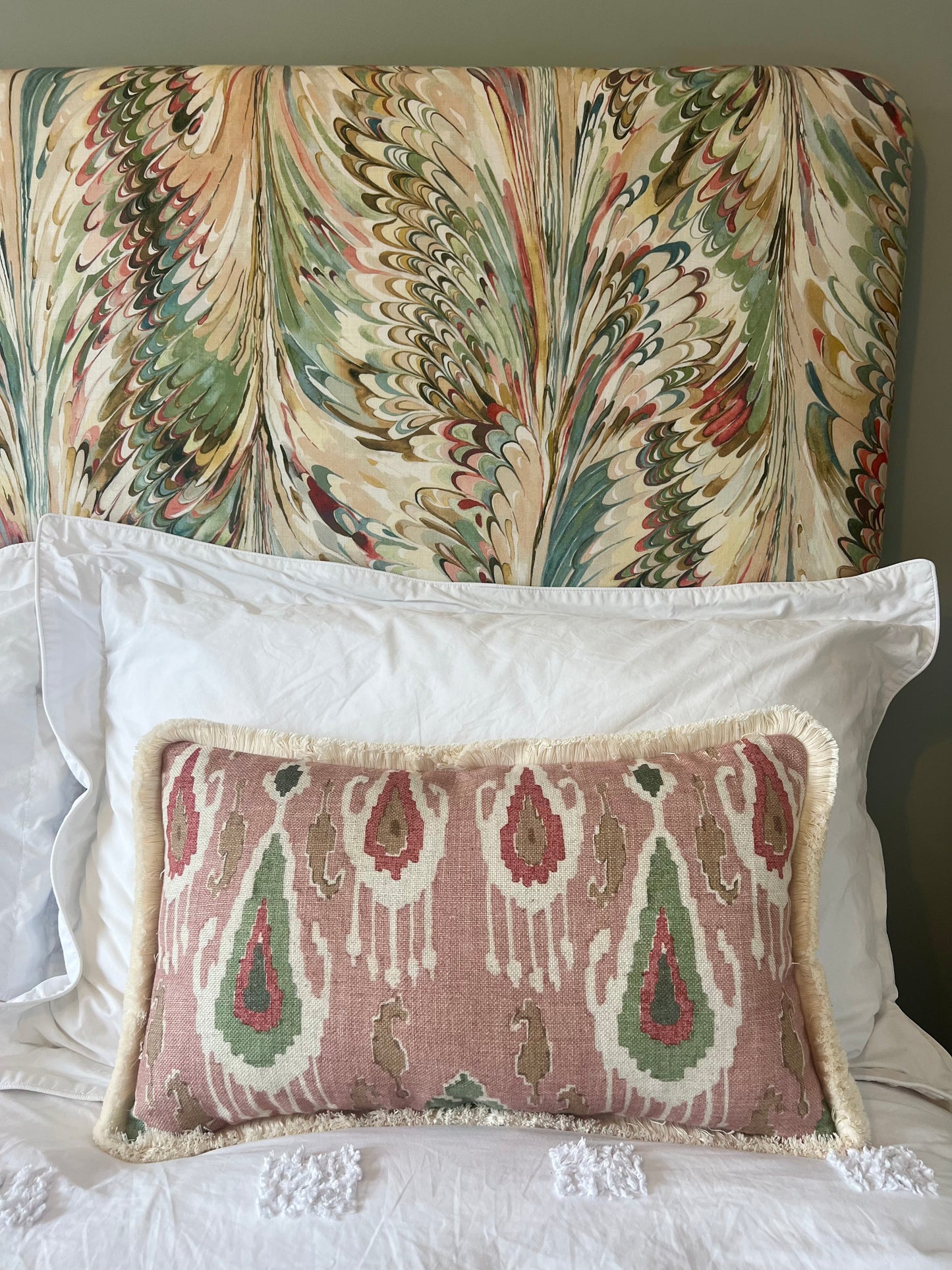 GP & J Baker Ikat Bokhara Rose Green Lumber Cushions