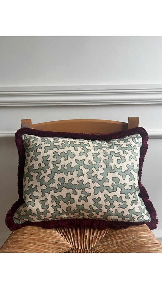 Colefax & Fowler Aqua Squiggle Burgundy Fringed Cushion