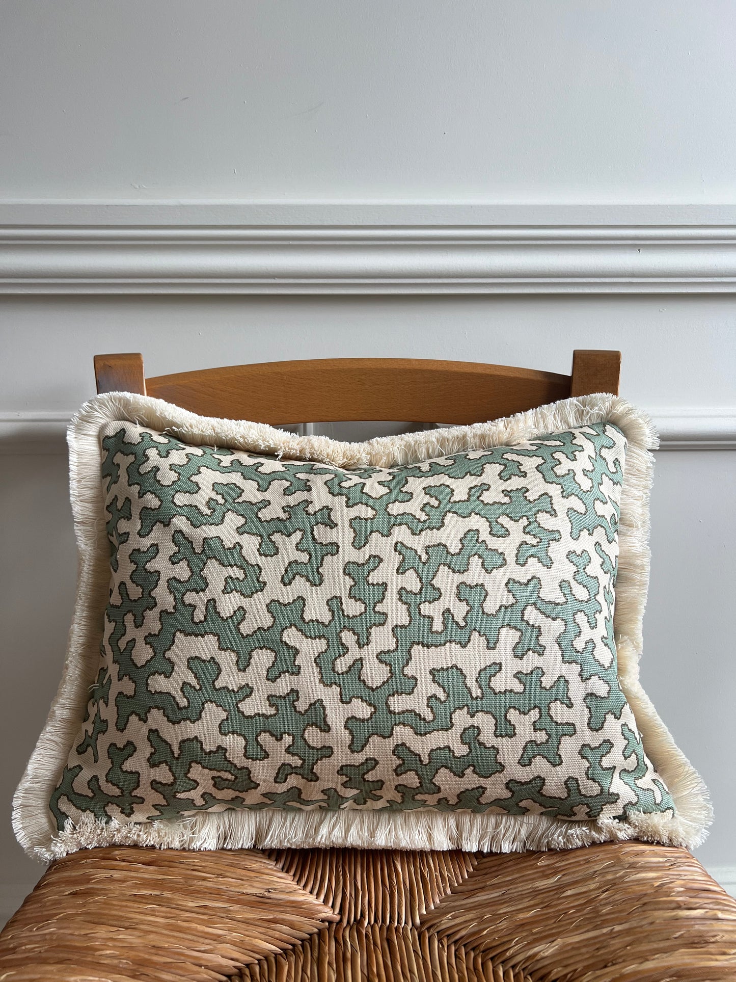 Colefax & Fowler Aqua Squiggle Fringed Cushion