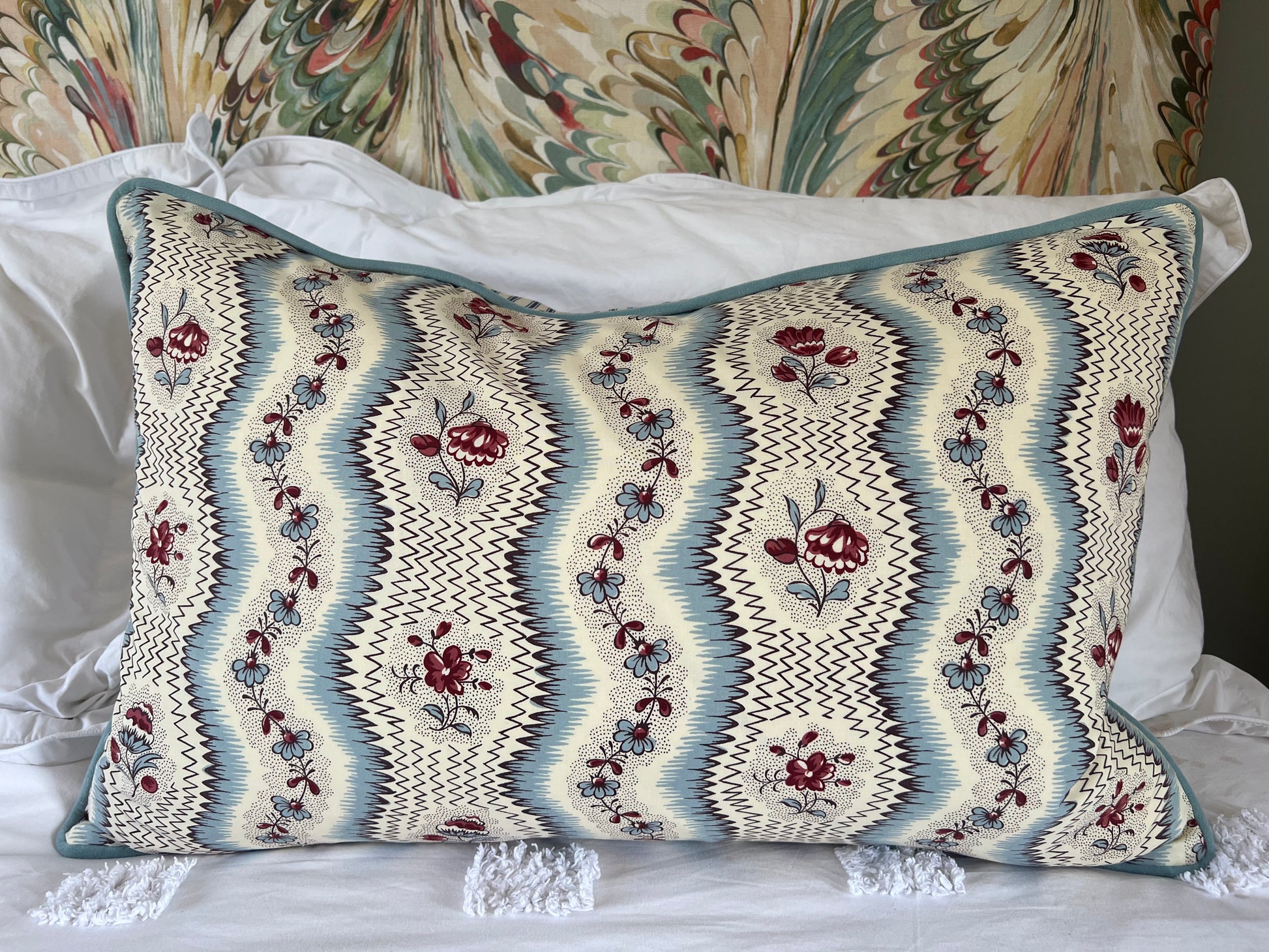 Cushions in Pierre Frey Le Manach Greuze fabric. Bleu Rouge colourway