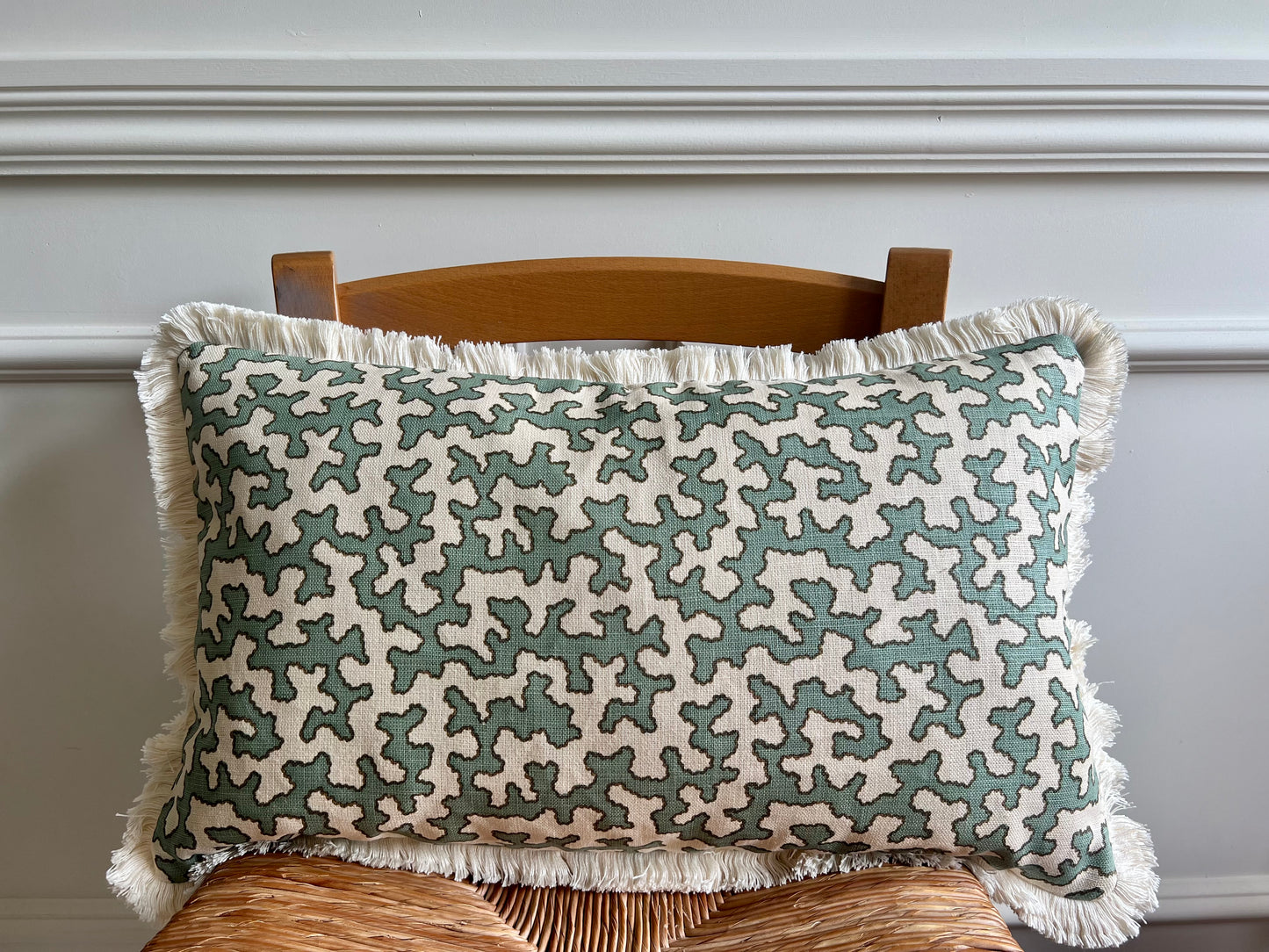 Colefax & Fowler Aqua Squiggle Fringed Cushion