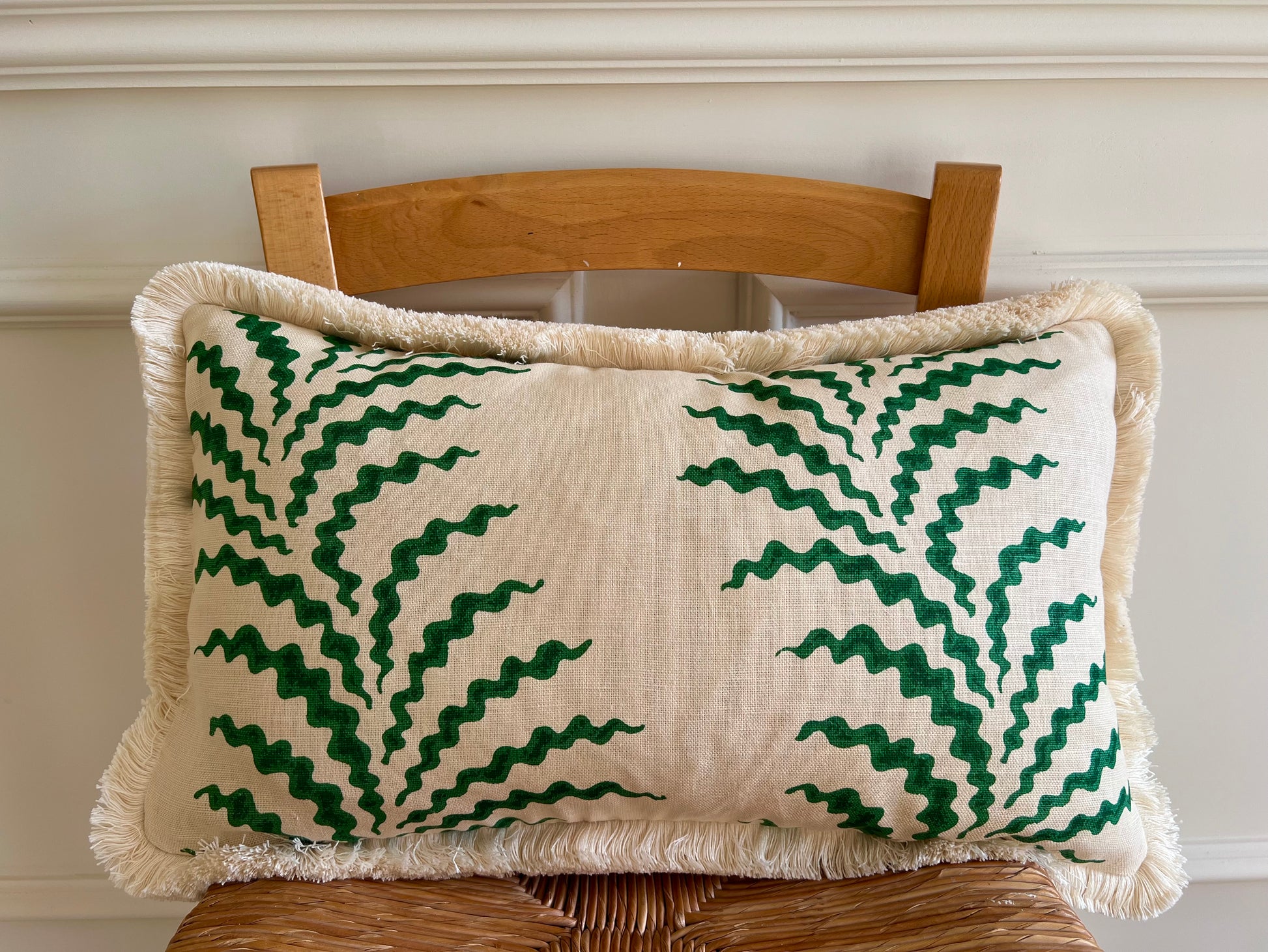 Luxury patterned cushions in green Soane Scrolling Fern designer fabric