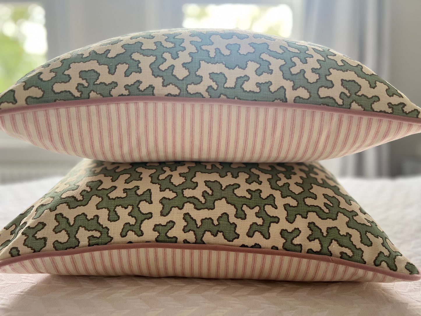 Colefax & Fowler Aqua Squiggle Blush Piped Cushion