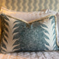 Luxury cushions in Beata Heuman’s Palm Drop fabric. Sky Blue / Plaster colourway with brush fringe trim