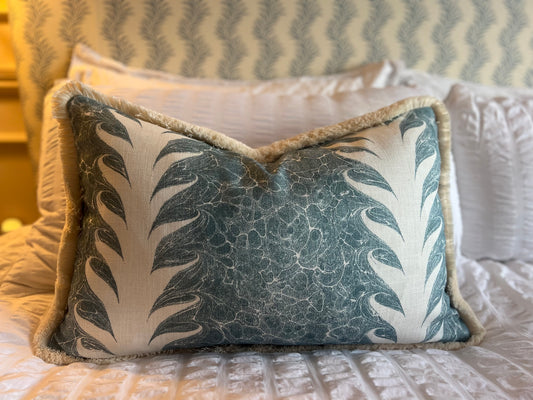 Luxury cushions in Beata Heuman’s Palm Drop fabric. Sky Blue / Plaster colourway with brush fringe trim