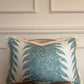 Luxury cushions in Beata Heuman’s Palm Drop fabric. Sky Blue / Plaster colourway with brush fringe trim