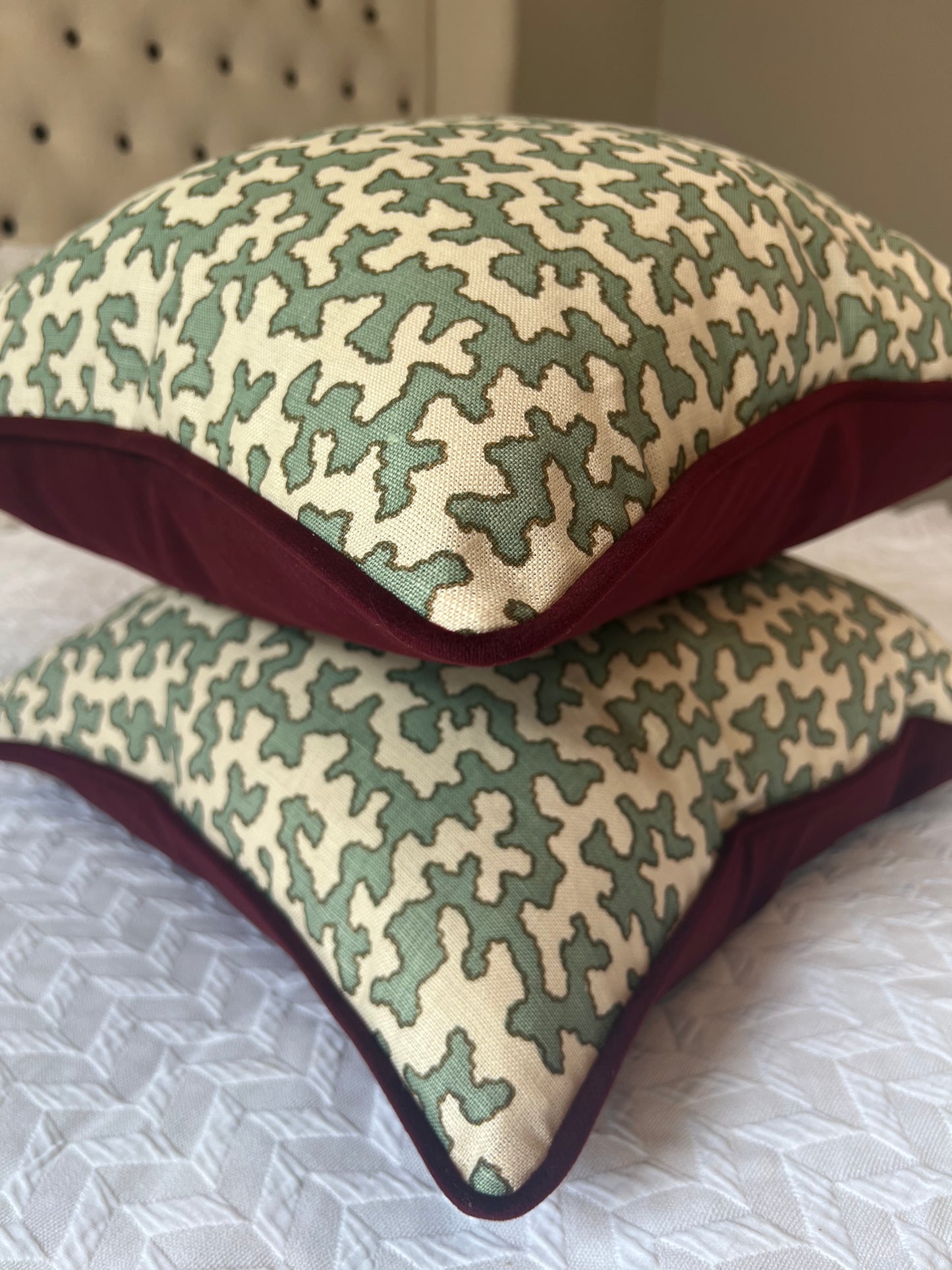 Colefax & Fowler Aqua Squiggle Burgundy Piped Cushion