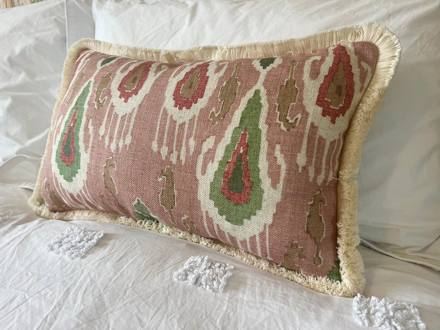 GP & J Baker Ikat Bokhara Rose Green Lumber Cushions