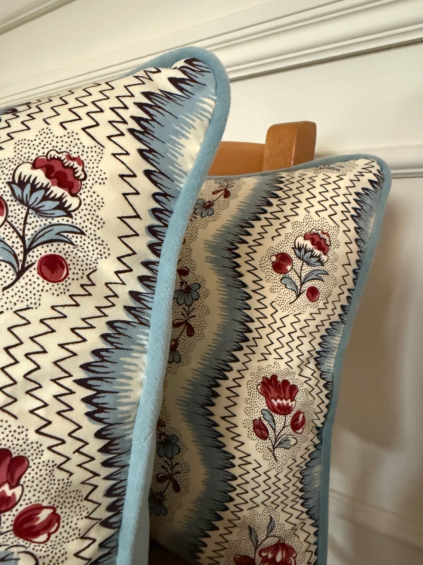 Luxury designer cushion in Pierre Frey Le Manach Greuze fabric with piping 