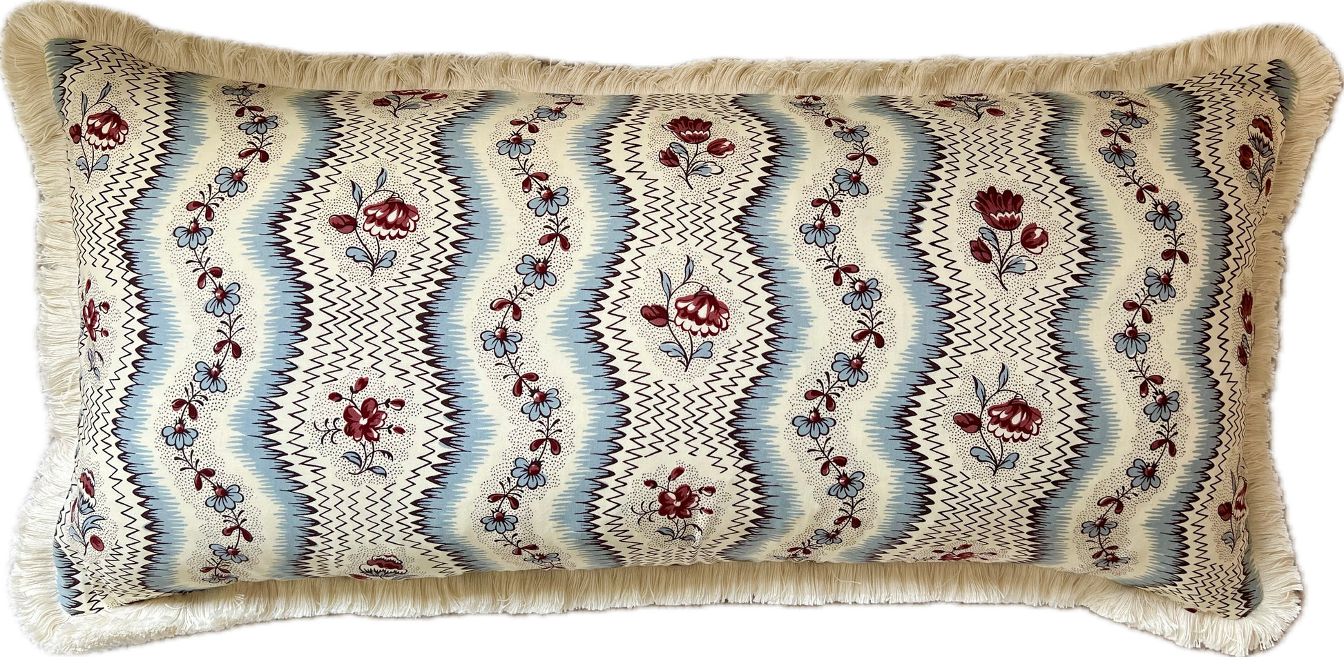 Cushions in Pierre Frey Le Manach Greuze fabric. Bleu Rouge colourway