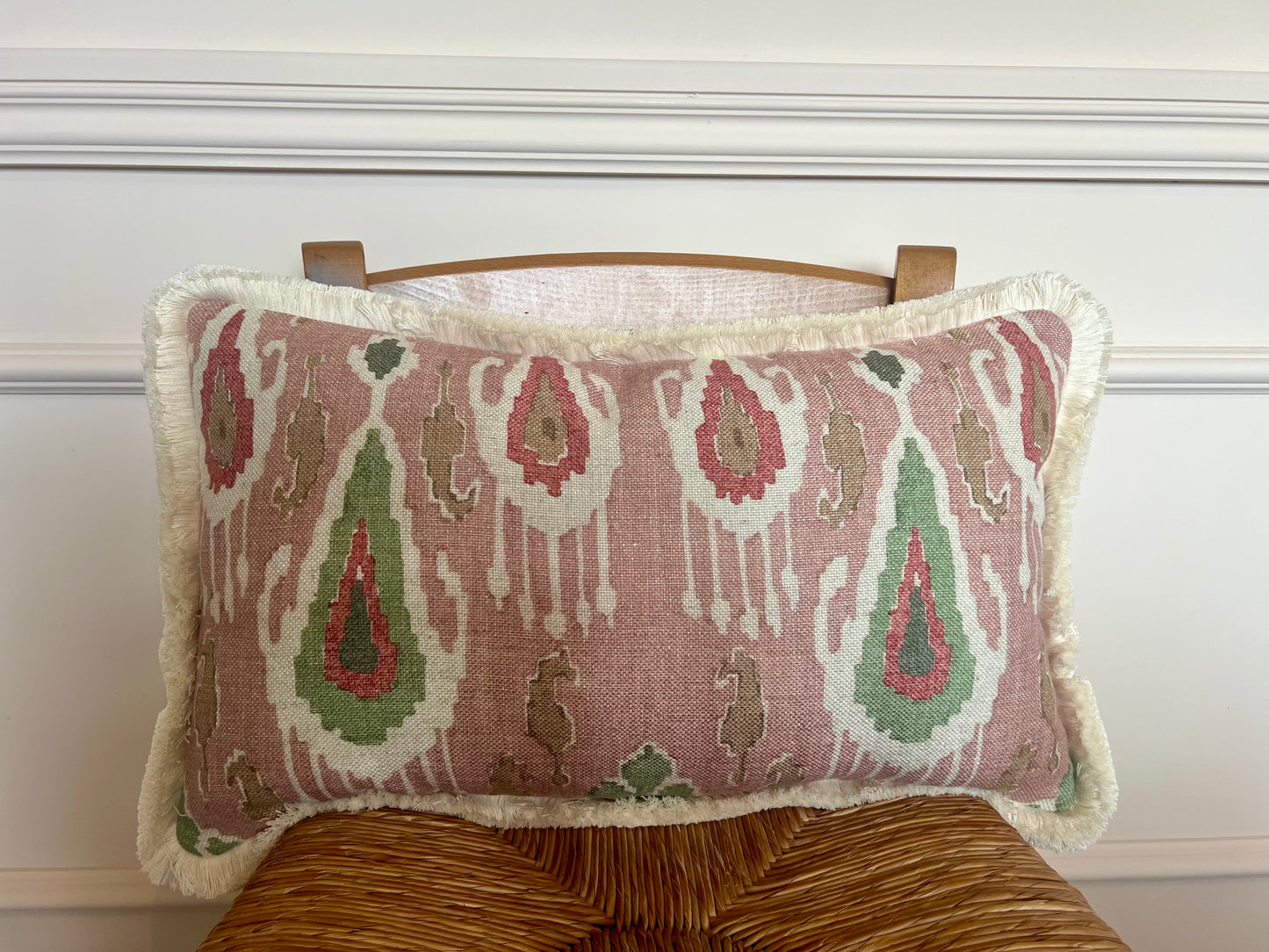 GP & J Baker Ikat Bokhara Rose Green Lumber Cushions