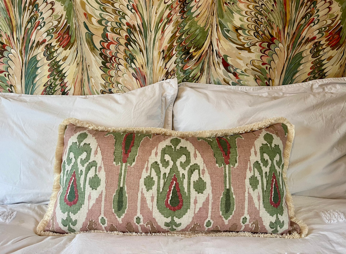 GP & J Baker Ikat Bokhara Rose Green Cushions