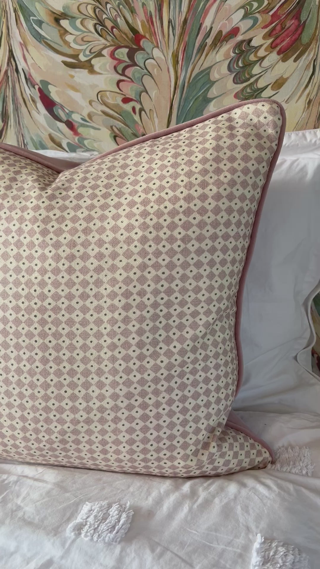 Luxury patterned cushions in Lewis & Wood Diamond Dot fabric Rose colourway 