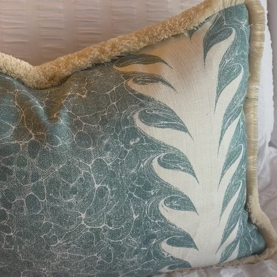 Luxury cushions in Beata Heuman’s Palm Drop fabric. Sky Blue / Plaster colourway with brush fringe trim