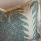 Luxury cushions in Beata Heuman’s Palm Drop fabric. Sky Blue / Plaster colourway with brush fringe trim