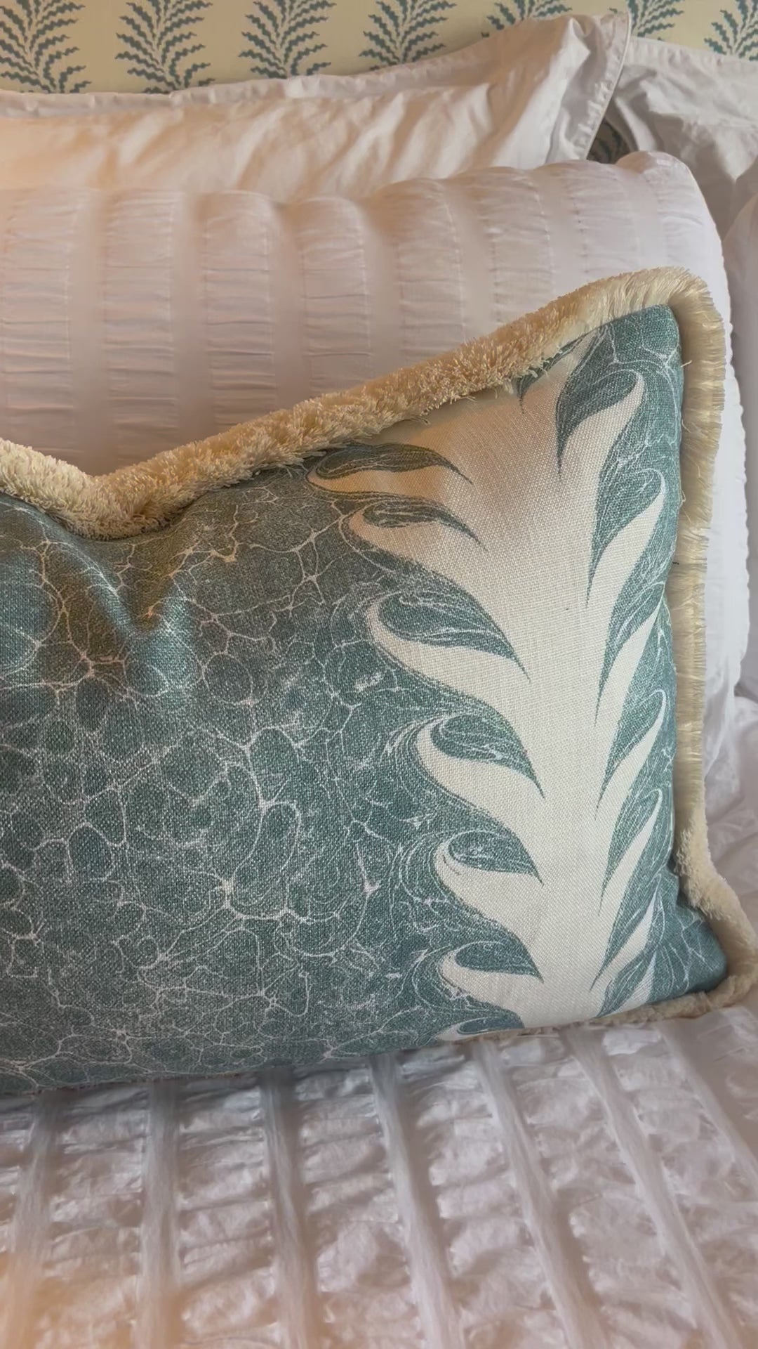 Luxury cushions in Beata Heuman’s Palm Drop fabric. Sky Blue / Plaster colourway with brush fringe trim